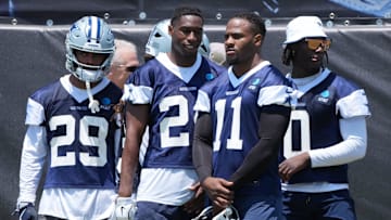 Dallas Cowboys C.J. Goodwin, Israel Mukuamu, defensive end Micah Parsons and DeMarvion Overshown during NFL training camp