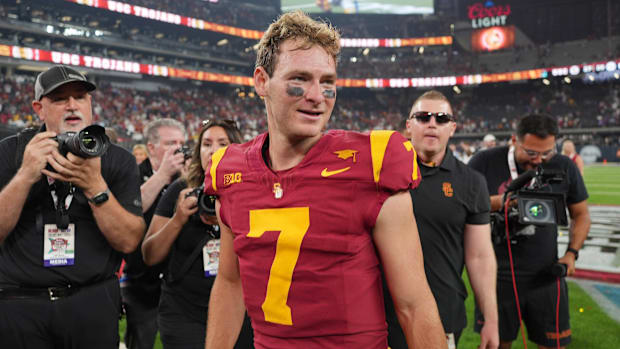 Southern California Trojans quarterback Miller Moss (7) reacts after the game against the LSU Tigers 