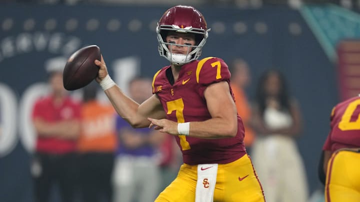 Sep 1, 2024; Paradise, Nevada, USA; Southern California Trojans quarterback Miller Moss (7)  throws the ball in the second half against the LSU Tigers at Allegiant Stadium. Mandatory Credit: Kirby Lee-Imagn Images