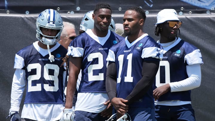 Dallas Cowboys C.J. Goodwin, Israel Mukuamu, defensive end Micah Parsons and DeMarvion Overshown during NFL training camp