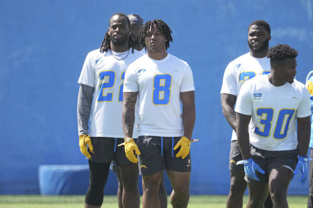 Los Angeles Chargers running backs Najee Harris, Omarion Hampton, and Kimani Vidal. 