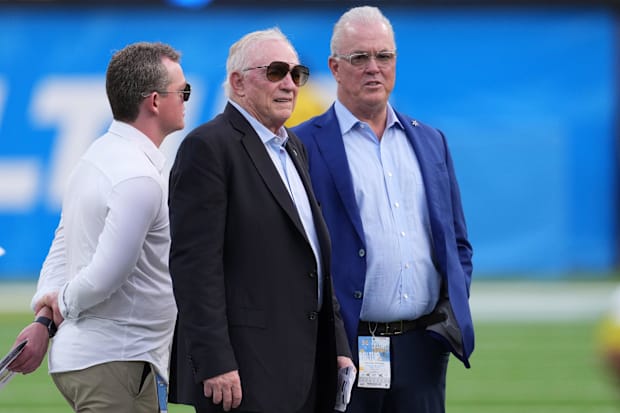 Dallas Cowboys owner Jerry Jones and COO Stephen Jones before a game against the Los Angeles Chargers.