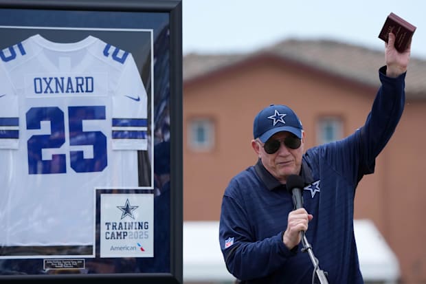 Dallas Cowboys owner Jerry Jones speaks at training camp opening ceremonies at the River Ridge Fields in Oxnard 