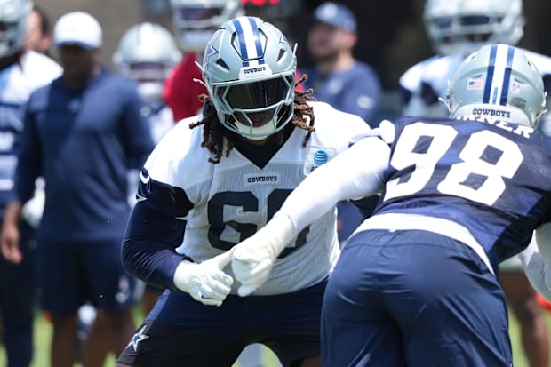 `Dallas Cowboys tackle Tyler Guyton defends against defensive end Payton Turner during training camp at the River Ridge Field