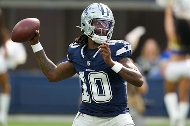 Dallas Cowboys QB Joe Milton III throws the ball against the Los Angeles Rams in the first half at SoFi Stadium.