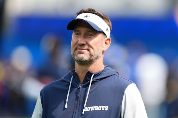Dallas Cowboys coach Brian Schottenheimer reacts during the game against the Los Angeles Rams at SoFi Stadium. 
