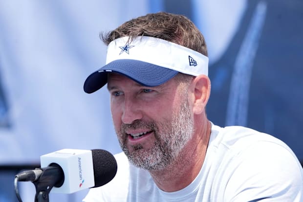 Dallas Cowboys coach Brian Schottenheimer at training camp press conference at the River Ridge Fields. 
