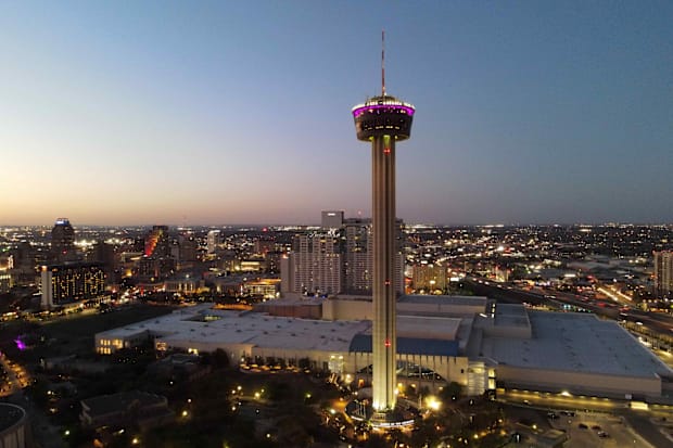 March 26, 2021; San Antonio, Texas, United States; General view of the Tower of the Americas and the downtown skyline.