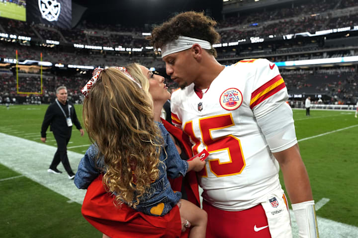 Kansas City Chiefs quarterback Patrick Mahomes  with wife Brittany Mahomes and daughter Sterling Mahomes on Oct. 24, 2024.