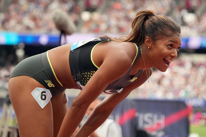 Gabrielle Thomas aka Gabby Thomas reacts after winning the women's 200m in a meet record 21.82.