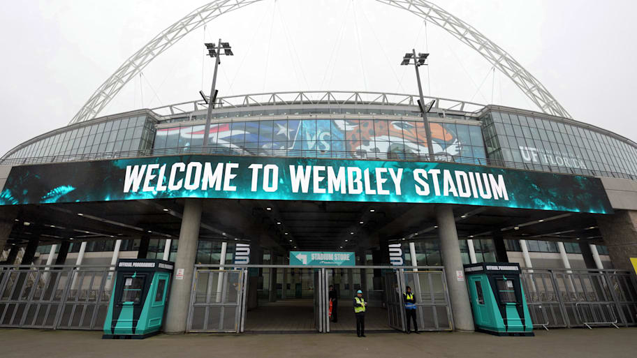 Outside of Wembley Stadium before 2024 NFL game between Jaguars and Patriots