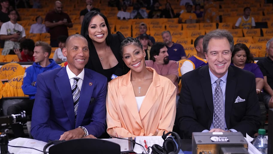 TNT broadcasters (from left) Reggie Miller Stephanie Ready, Candace Parker and Kevin Harlan during a 2022 game.