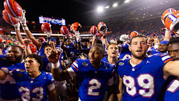 Florida Gators quarterback DJ Lagway (2) sings with his team at the end of the game at Ben Hill Griffin Stadium in Gainesville, FL on Saturday, October 5, 2024. The Gators defeated the Knights 24-13. [Doug Engle/Gainesville Sun]
