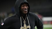 Oct 26, 2025; New Orleans, Louisiana, USA; New Orleans Saints running back Alvin Kamara (41) warms up before a game against the Tampa Bay Buccaneers at Caesars Superdome. Mandatory Credit: Matthew Hinton-Imagn Images