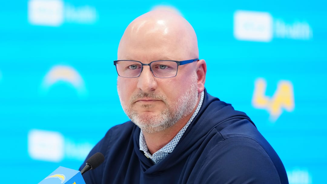 Apr 16, 2026; El Segundo, CA, USA; Los Angeles Chargers general manager Joe Hortiz speaks at press conference at The Bolt. Mandatory Credit: Kirby Lee-Imagn Images