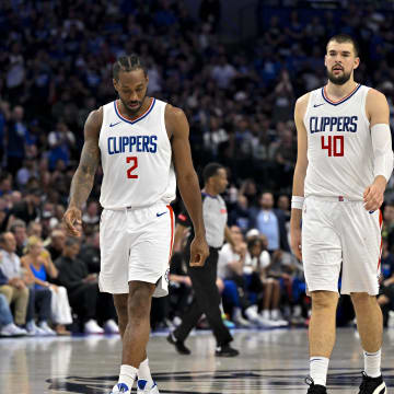 LA Clippers forward Kawhi Leonard (2) and center Ivica Zubac (40) against the Dallas Mavericks during game three of the first round for the 2024 NBA playoffs at the American Airlines Center. 