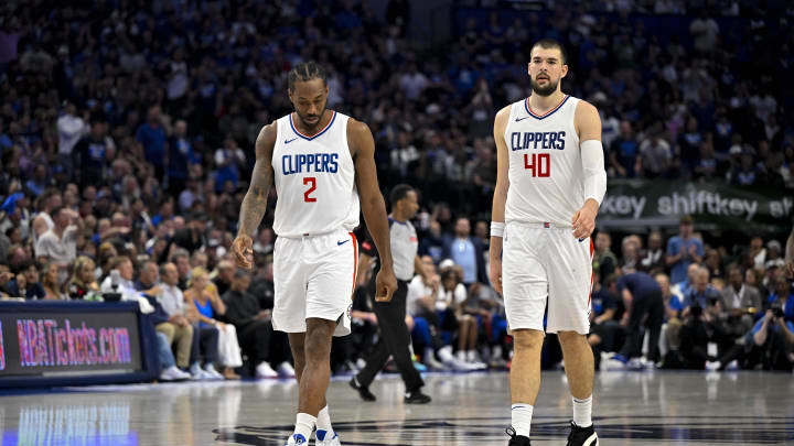 LA Clippers forward Kawhi Leonard (2) and center Ivica Zubac (40) against the Dallas Mavericks during game three of the first round for the 2024 NBA playoffs at the American Airlines Center. 