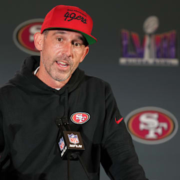 Feb 7, 2024; Las Vegas, NV, USA; San Francisco 49ers head coach Kyle Shanahan speaks during a press conference before Super Bowl LVIII at Hilton Lake Las Vegas Resort and Spa. Mandatory Credit: Kyle Terada-Imagn Images