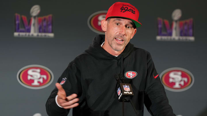 Feb 7, 2024; Las Vegas, NV, USA; San Francisco 49ers head coach Kyle Shanahan speaks during a press conference before Super Bowl LVIII at Hilton Lake Las Vegas Resort and Spa. Mandatory Credit: Kyle Terada-USA TODAY Sports