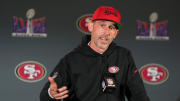 San Francisco 49ers head coach Kyle Shanahan speaks during a press conference before Super Bowl LVIII