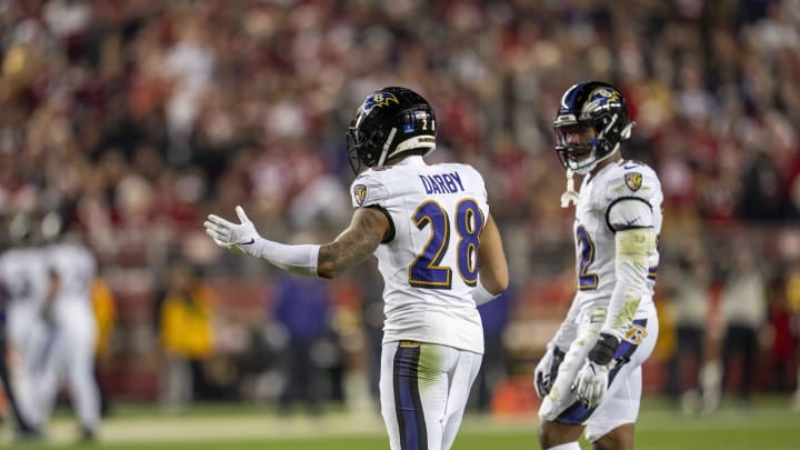 Dec 25, 2023; Santa Clara, California, USA; Baltimore Ravens cornerback Ronald Darby (28) reacts after being called for a foul during the first quarter against the San Francisco 49ers at Levi's Stadium. Mandatory Credit: Neville E. Guard-USA TODAY Sports