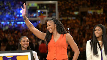 Jun 29, 2025; Los Angeles, California, USA; Former Los Angeles Sparks Candace Parker acknowledges the crowd during a  jersey retirement ceremony at halftime at Crypto.com Arena. Mandatory Credit: Jayne Kamin-Oncea-Imagn Images