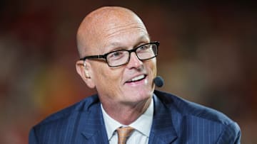 Nov 4, 2024; Kansas City, Missouri, USA; Broadcaster Scott Van Pelt prior to a game between the Tampa Bay Buccaneers and the Kansas City Chiefs at GEHA Field at Arrowhead Stadium. 