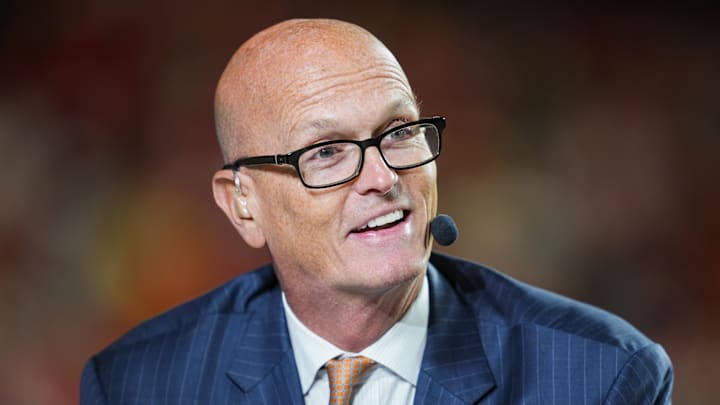Nov 4, 2024; Kansas City, Missouri, USA; Broadcaster Scott Van Pelt prior to a game between the Tampa Bay Buccaneers and the Kansas City Chiefs at GEHA Field at Arrowhead Stadium. Nov 4, 2024; Kansas City, Missouri, USA; Broadcaster Scott Van Pelt prior to a game between the Tampa Bay Buccaneers and the Kansas City Chiefs at GEHA Field at Arrowhead Stadium.