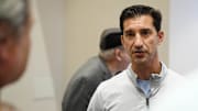 Mike Hazen, General manager of the Diamondbacks, speaks to Jack Sommers during Cactus League media day at the Arizona Biltmore on Feb. 18, 2025, in Phoenix.