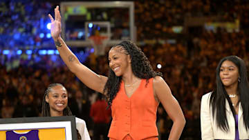 Jun 29, 2025; Los Angeles, California, USA; Former Los Angeles Sparks Candace Parker acknowledges the crowd during a  jersey retirement ceremony at halftime at Crypto.com Arena. Mandatory Credit: Jayne Kamin-Oncea-Imagn Images