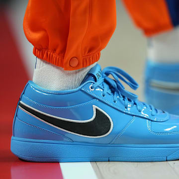 Mar 12, 2025; Portland, Oregon, USA; The sneakers worn by New York Knicks power forward P.J. Tucker (17) prior to a game against the Portland Trail Blazers at Moda Center.