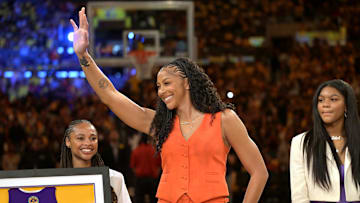 Jun 29, 2025; Los Angeles, California, USA; Former Los Angeles Sparks Candace Parker acknowledges the crowd during a  jersey retirement ceremony at halftime at Crypto.com Arena. Mandatory Credit: Jayne Kamin-Oncea-Imagn Images