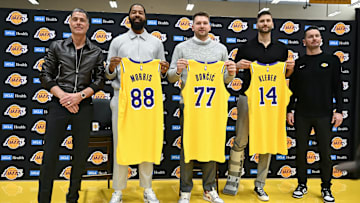 Rob Pelinka, Markieff Morris, Luka Doncic, Maxi Kleber, JJ Redick