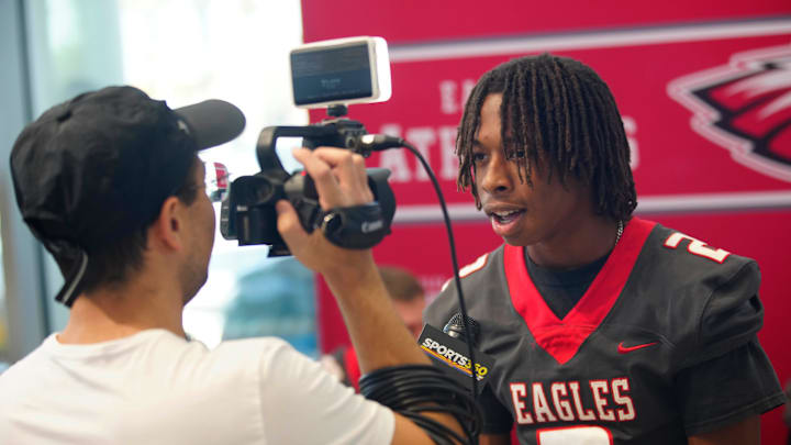 Ironwood running back Khavontae Paul speaks to reporters during Peoria district football Media Day at Liberty Buick in Peoria on August 16, 2024.