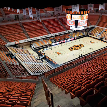 Jan 14, 2019; Stillwater, OK, USA; A view of Eddie Sutton Court at Gallagher-Iba Arena before the Baylor Bears vs Oklahoma State Cowboys. Mandatory Credit: Rob Ferguson-USA TODAY Sports