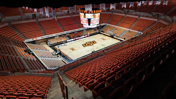 Jan 14, 2019; Stillwater, OK, USA; A view of Eddie Sutton Court at Gallagher-Iba Arena before the Baylor Bears vs Oklahoma State Cowboys. Mandatory Credit: Rob Ferguson-USA TODAY Sports