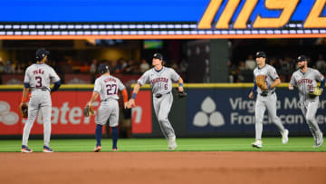 Jul 19, 2024; Seattle, Washington, USA; The Houston Astros celebrate defeating the Seattle Mariners at T-Mobile Park. Mandatory Credit: Steven Bisig-USA TODAY Sports
