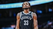 Oct 17, 2025; Toronto, Ontario, CAN; Brooklyn Nets center Nic Claxton (33) looks on against the Toronto Raptors during the second half at Scotiabank Arena. Mandatory Credit: Kevin Sousa-Imagn Images