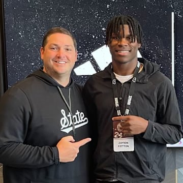 Mississippi State coach Jeff Lebby meets with Grenada 4-star wide receiver Zayion Cotton during his unofficial visit in February 1, 2025