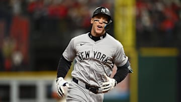 Oct 17, 2024; Cleveland, Ohio, USA; New York Yankees outfielder Aaron Judge (99) rounds the bases after a home run during the eighth inning against the Cleveland Guardians in game 3 of the American League Championship Series at Progressive Field. Mandatory Credit: Ken Blaze-Imagn Images