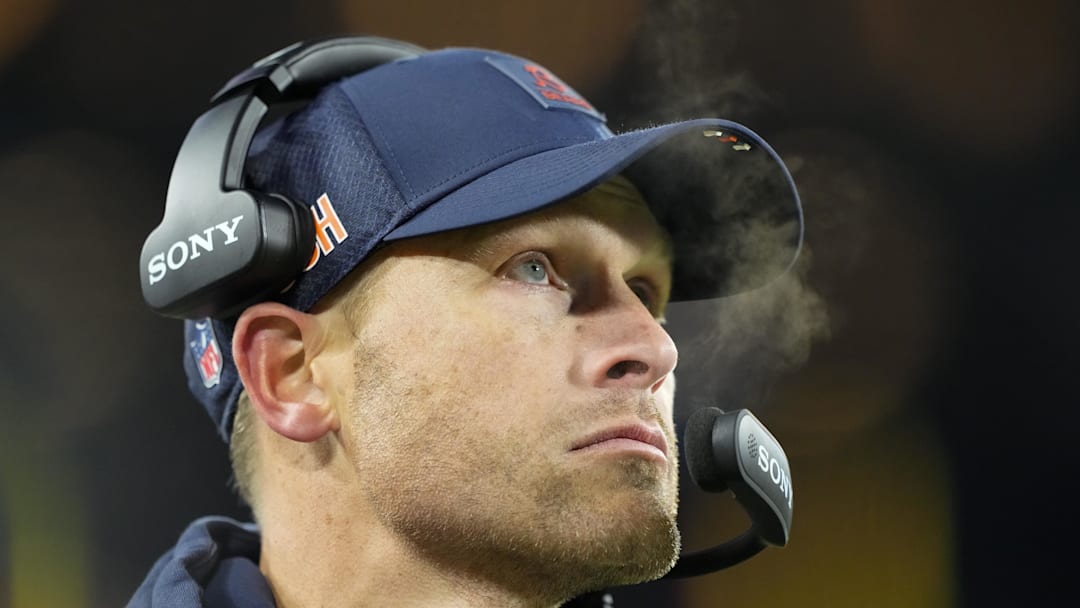 Dec 7, 2025; Green Bay, Wisconsin, USA;  Chicago Bears head coach Ben Johnson during the game against the Green Bay Packers at Lambeau Field. Mandatory Credit: Jeff Hanisch-Imagn Images