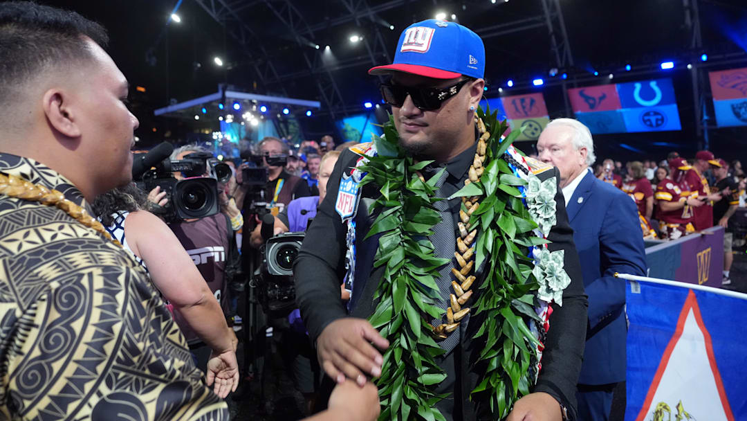 Apr 23, 2026; Pittsburgh, PA, USA; Miami Hurricanes lineman Francis Mauigoa is selected by the New York Giants as the number ten pick during the 2026 NFL Draft at Acrisure Stadium. Mandatory Credit: Kirby Lee-Imagn Images