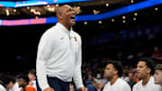 Mar 11, 2025; Charlotte, NC, USA; Syracuse Orange head coach Adrian Autry reacts in the first half at Spectrum Center. Mandatory Credit: Bob Donnan-Imagn Images