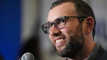 Former Colts quarterback Andrew Luck is interviewed Friday, April 12, 2024, during the Chuckstrong Tailgate Gala at the Colts Practice Facility in Indianapolis.