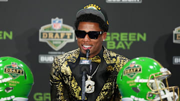 Apr 24, 2025; Green Bay, WI, USA; Matthew Golden speaks in a press conference after being selected by the Green Bay Packers as the number 23 pick in the first round of the 2025 NFL Draft at Lambeau Field. Mandatory Credit: Kirby Lee-Imagn Images