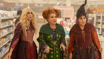 (L-R): Sarah Jessica Parker as Sarah Sanderson, Bette Midler as Winifred Sanderson, and Kathy Najimy as Mary Sanderson in HOCUS POCUS 2, exclusively on Disney+. 