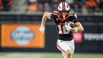 Oct 18, 2025; Corvallis, Oregon, USA; Oregon State Beavers wide receiver Karson Boschma (18) runs with the ball after a catch during the fourth quarter against the Lafayette Leopards at Reser Stadium. Mandatory Credit: Craig Strobeck-Imagn Images