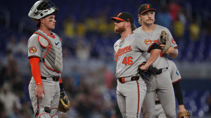 Jul 25, 2024; Miami, Florida, USA;  Baltimore Orioles pitcher Craig Kimbrel has a meeting at the mound in the ninth inning.