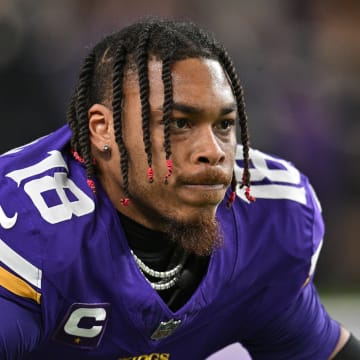 Dec 31, 2023; Minneapolis, Minnesota, USA; Minnesota Vikings wide receiver Justin Jefferson (18) looks on before the game against the Green Bay Packers at U.S. Bank Stadium.