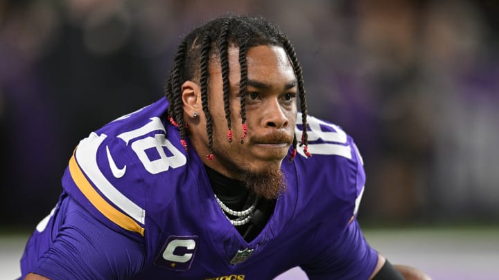 Dec 31, 2023; Minneapolis, Minnesota, USA; Minnesota Vikings wide receiver Justin Jefferson (18) looks on before the game against the Green Bay Packers at U.S. Bank Stadium.